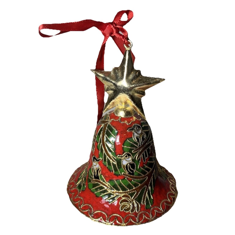 VINTAGE Red Cloisonné Enameled Brass Christmas Bell Ornament  Birds in‎ Trees